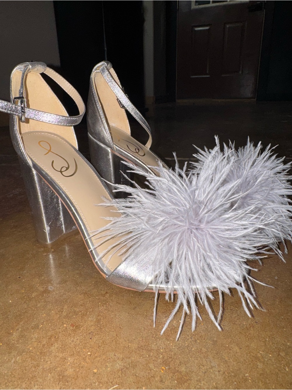 Sam Edelman Silver Feather Pom Block Heels